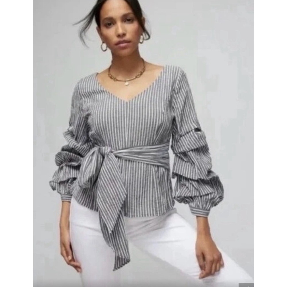 NWT WHBM 16 Black White Seersucker Striped Ruffle Slv Blouse Tie Waist Smocked